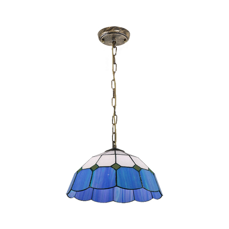 Domed Ceiling Light Tiffany 1 Head Yellow/Blue Handcrafted Art Glass Suspended Lighting Fixture, 12"/16" Wide Clearhalo 'Ceiling Lights' 'Industrial' 'Middle Century Pendants' 'Pendant Lights' 'Pendants' 'Tiffany close to ceiling' 'Tiffany Pendants' 'Tiffany' Lighting' 185760