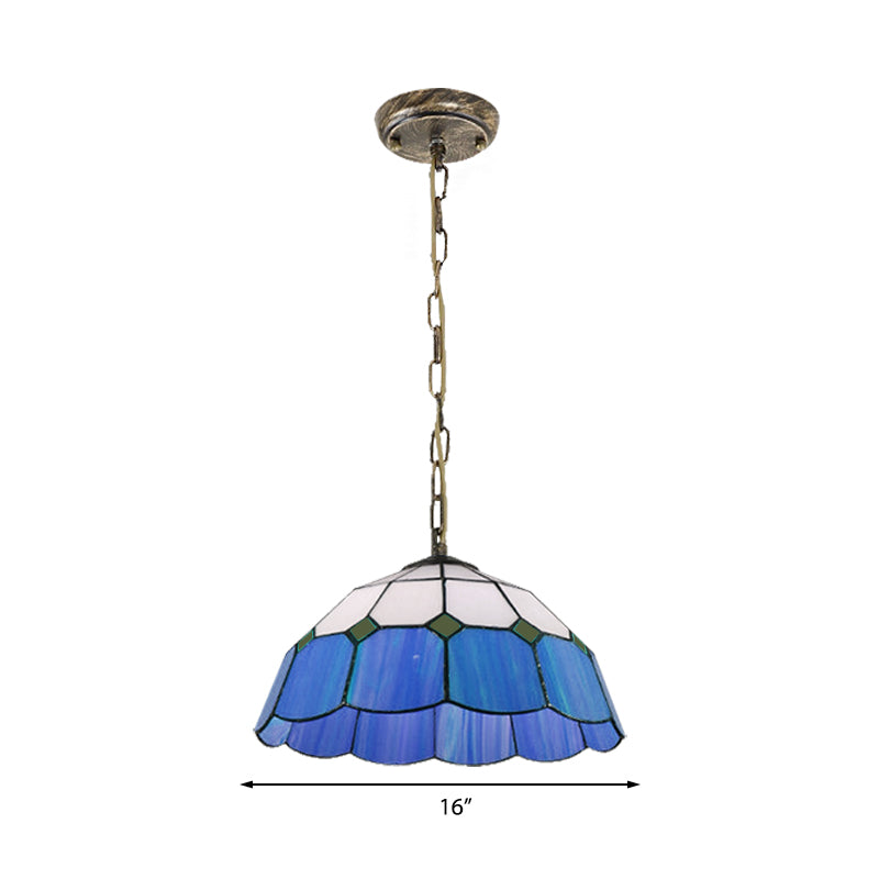 Domed Ceiling Light Tiffany 1 Head Yellow/Blue Handcrafted Art Glass Suspended Lighting Fixture, 12"/16" Wide Clearhalo 'Ceiling Lights' 'Industrial' 'Middle Century Pendants' 'Pendant Lights' 'Pendants' 'Tiffany close to ceiling' 'Tiffany Pendants' 'Tiffany' Lighting' 185762