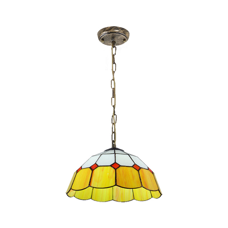 Domed Ceiling Light Tiffany 1 Head Yellow/Blue Handcrafted Art Glass Suspended Lighting Fixture, 12"/16" Wide Clearhalo 'Ceiling Lights' 'Industrial' 'Middle Century Pendants' 'Pendant Lights' 'Pendants' 'Tiffany close to ceiling' 'Tiffany Pendants' 'Tiffany' Lighting' 185764