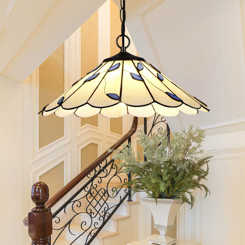 Flared Pendant Lighting 1 Bulb Beige Stained Glass Tiffany-Style Hanging Ceiling Light with Leaf Pattern Beige Clearhalo 'Ceiling Lights' 'Industrial' 'Middle Century Pendants' 'Pendant Lights' 'Pendants' 'Tiffany close to ceiling' 'Tiffany Pendants' 'Tiffany' Lighting' 185769