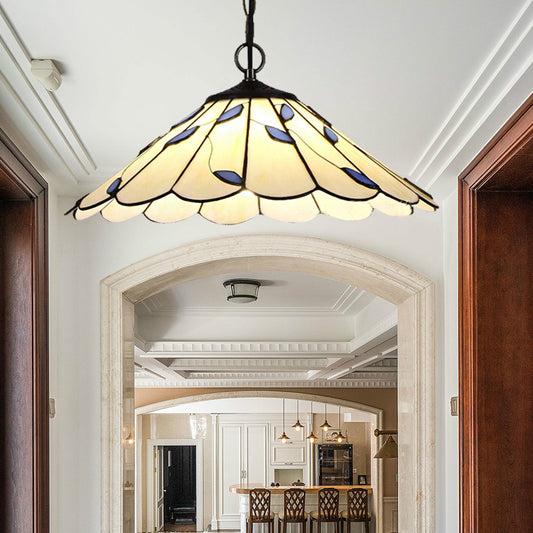 Flared Pendant Lighting 1 Bulb Beige Stained Glass Tiffany-Style Hanging Ceiling Light with Leaf Pattern Clearhalo 'Ceiling Lights' 'Industrial' 'Middle Century Pendants' 'Pendant Lights' 'Pendants' 'Tiffany close to ceiling' 'Tiffany Pendants' 'Tiffany' Lighting' 185770