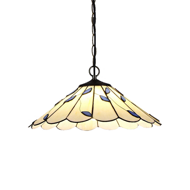 Flared Pendant Lighting 1 Bulb Beige Stained Glass Tiffany-Style Hanging Ceiling Light with Leaf Pattern Clearhalo 'Ceiling Lights' 'Industrial' 'Middle Century Pendants' 'Pendant Lights' 'Pendants' 'Tiffany close to ceiling' 'Tiffany Pendants' 'Tiffany' Lighting' 185771