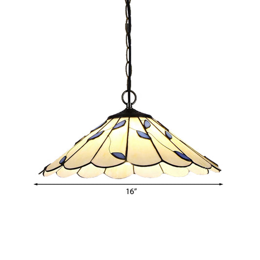 Flared Pendant Lighting 1 Bulb Beige Stained Glass Tiffany-Style Hanging Ceiling Light with Leaf Pattern Clearhalo 'Ceiling Lights' 'Industrial' 'Middle Century Pendants' 'Pendant Lights' 'Pendants' 'Tiffany close to ceiling' 'Tiffany Pendants' 'Tiffany' Lighting' 185772
