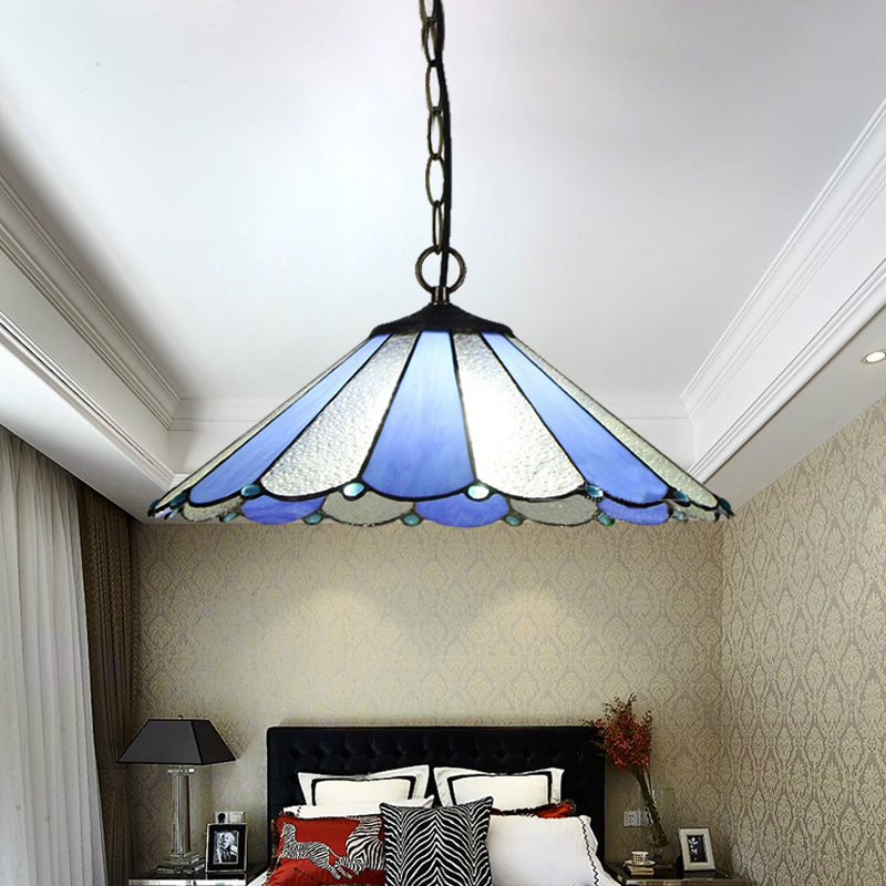 1 Head Conical Suspension Lamp Baroque Blue Hand Cut Glass Hanging Ceiling Light for Bedroom Clearhalo 'Ceiling Lights' 'Industrial' 'Middle Century Pendants' 'Pendant Lights' 'Pendants' 'Tiffany close to ceiling' 'Tiffany Pendants' 'Tiffany' Lighting' 185793
