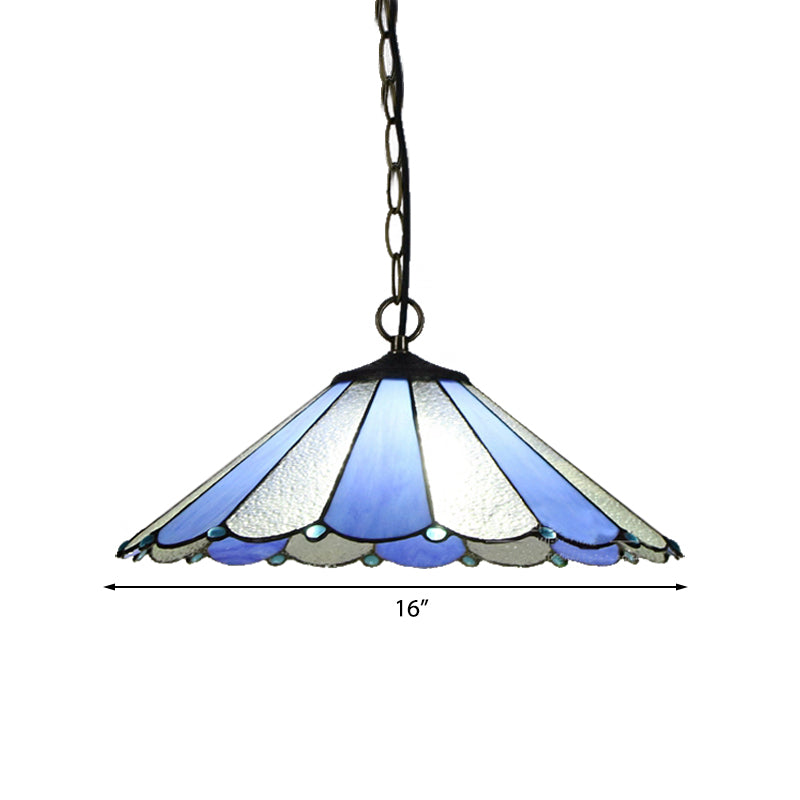 1 Head Conical Suspension Lamp Baroque Blue Hand Cut Glass Hanging Ceiling Light for Bedroom Clearhalo 'Ceiling Lights' 'Industrial' 'Middle Century Pendants' 'Pendant Lights' 'Pendants' 'Tiffany close to ceiling' 'Tiffany Pendants' 'Tiffany' Lighting' 185795