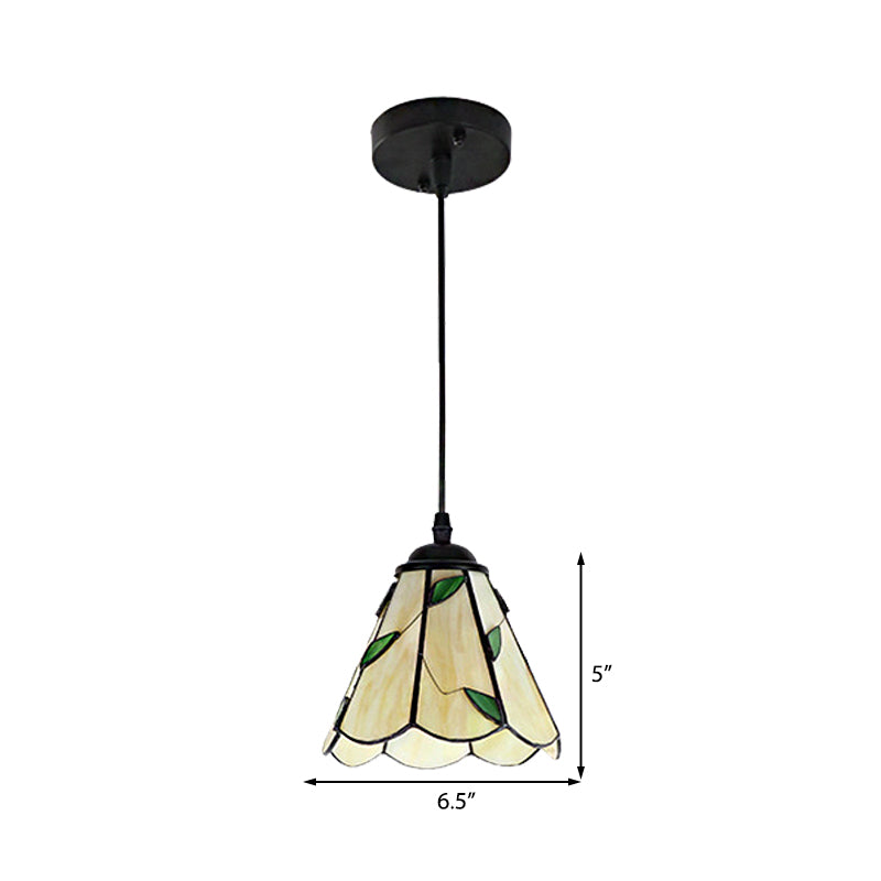 Silver/Black 1 Head Pendant Lamp Tiffany-Style Stained Glass Tapered Hanging Light Fixture with Leaf Pattern Clearhalo 'Ceiling Lights' 'Industrial' 'Middle Century Pendants' 'Pendant Lights' 'Pendants' 'Tiffany close to ceiling' 'Tiffany Pendants' 'Tiffany' Lighting' 185815
