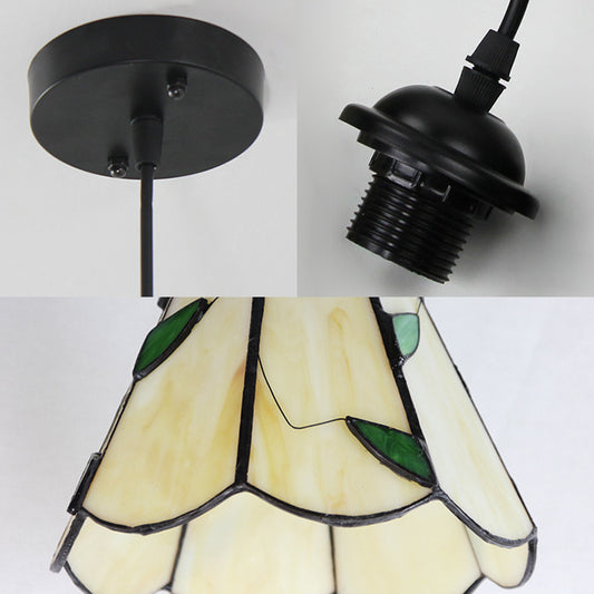 Silver/Black 1 Head Pendant Lamp Tiffany-Style Stained Glass Tapered Hanging Light Fixture with Leaf Pattern Clearhalo 'Ceiling Lights' 'Industrial' 'Middle Century Pendants' 'Pendant Lights' 'Pendants' 'Tiffany close to ceiling' 'Tiffany Pendants' 'Tiffany' Lighting' 185816