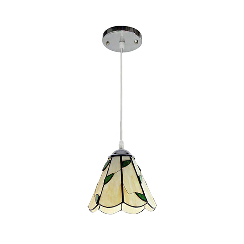 Silver/Black 1 Head Pendant Lamp Tiffany-Style Stained Glass Tapered Hanging Light Fixture with Leaf Pattern Clearhalo 'Ceiling Lights' 'Industrial' 'Middle Century Pendants' 'Pendant Lights' 'Pendants' 'Tiffany close to ceiling' 'Tiffany Pendants' 'Tiffany' Lighting' 185818