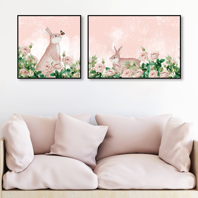 Animals Wall Decor Children's Art Textured Family Room Canvas in Soft Color, Set of 2 Pink Clearhalo 'Art Gallery' 'Canvas Art' 'Kids' Arts' 1858195