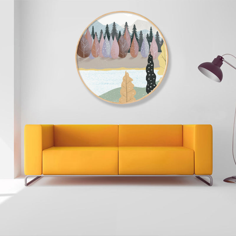 Nordic Style Riverside Forest Art Print Boys Bedroom Wall Decor in Light Color, Textured