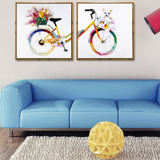 Yellow Kids Canvas Art Illustration Bike with Flower and Pet Wall Decor for Girls Room Yellow Clearhalo 'Art Gallery' 'Canvas Art' 'Kids' Arts' 1858405