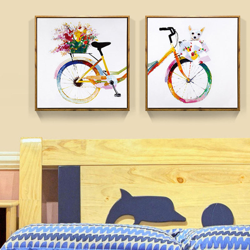 Yellow Kids Canvas Art Illustration Bike with Flower and Pet Wall Decor for Girls Room Clearhalo 'Art Gallery' 'Canvas Art' 'Kids' Arts' 1858406