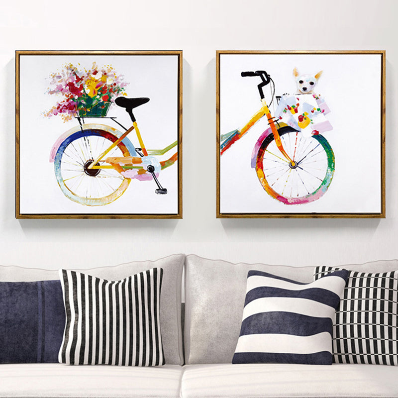 Yellow Kids Canvas Art Illustration Bike with Flower and Pet Wall Decor for Girls Room Clearhalo 'Art Gallery' 'Canvas Art' 'Kids' Arts' 1858407