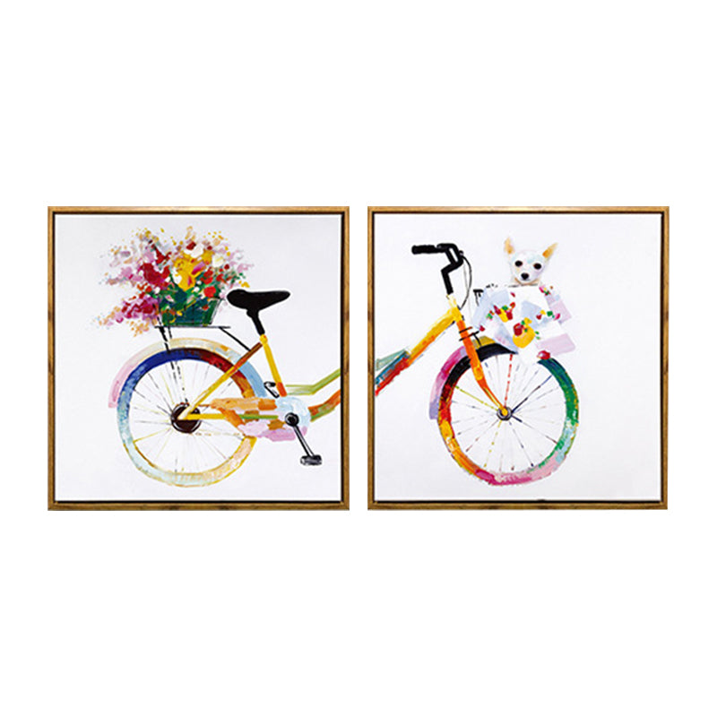 Yellow Kids Canvas Art Illustration Bike with Flower and Pet Wall Decor for Girls Room Clearhalo 'Art Gallery' 'Canvas Art' 'Kids' Arts' 1858408