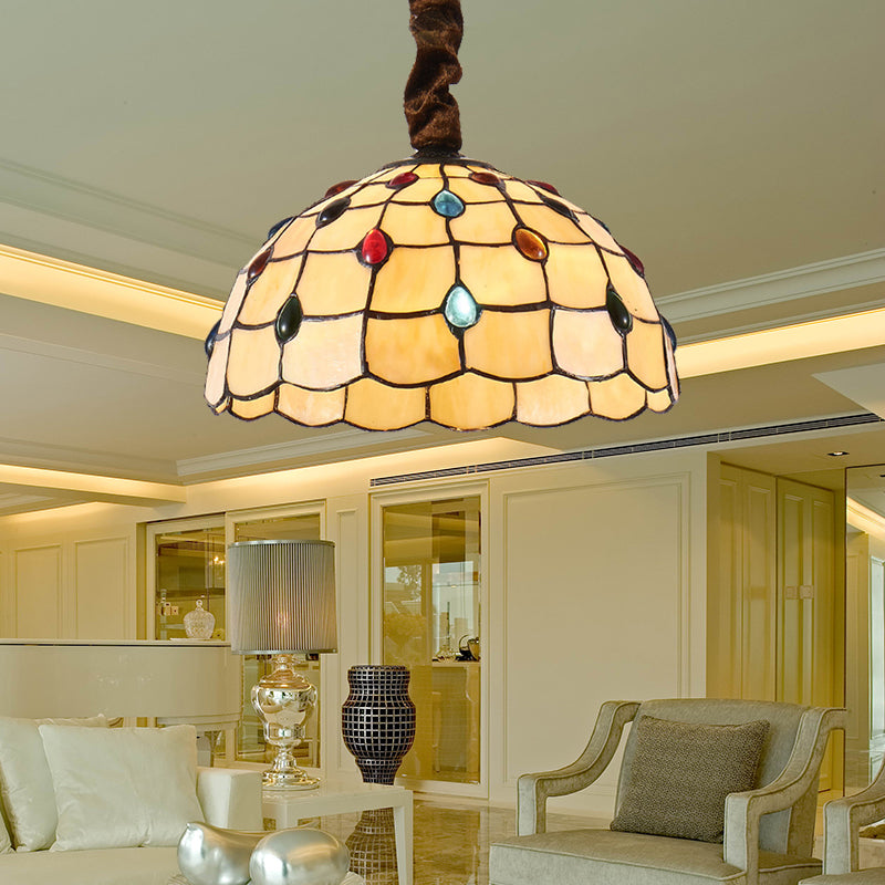 12"/16" Wide Bowl Hanging Lamp Tiffany 1 Bulb Beige Stained Art Glass Hanging Light Kit with Colorful Bead Beige Clearhalo 'Ceiling Lights' 'Industrial' 'Middle Century Pendants' 'Pendant Lights' 'Pendants' 'Tiffany close to ceiling' 'Tiffany Pendants' 'Tiffany' Lighting' 185852