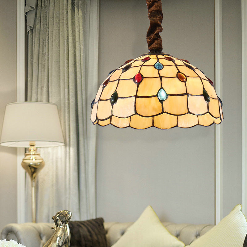 12"/16" Wide Bowl Hanging Lamp Tiffany 1 Bulb Beige Stained Art Glass Hanging Light Kit with Colorful Bead Clearhalo 'Ceiling Lights' 'Industrial' 'Middle Century Pendants' 'Pendant Lights' 'Pendants' 'Tiffany close to ceiling' 'Tiffany Pendants' 'Tiffany' Lighting' 185853