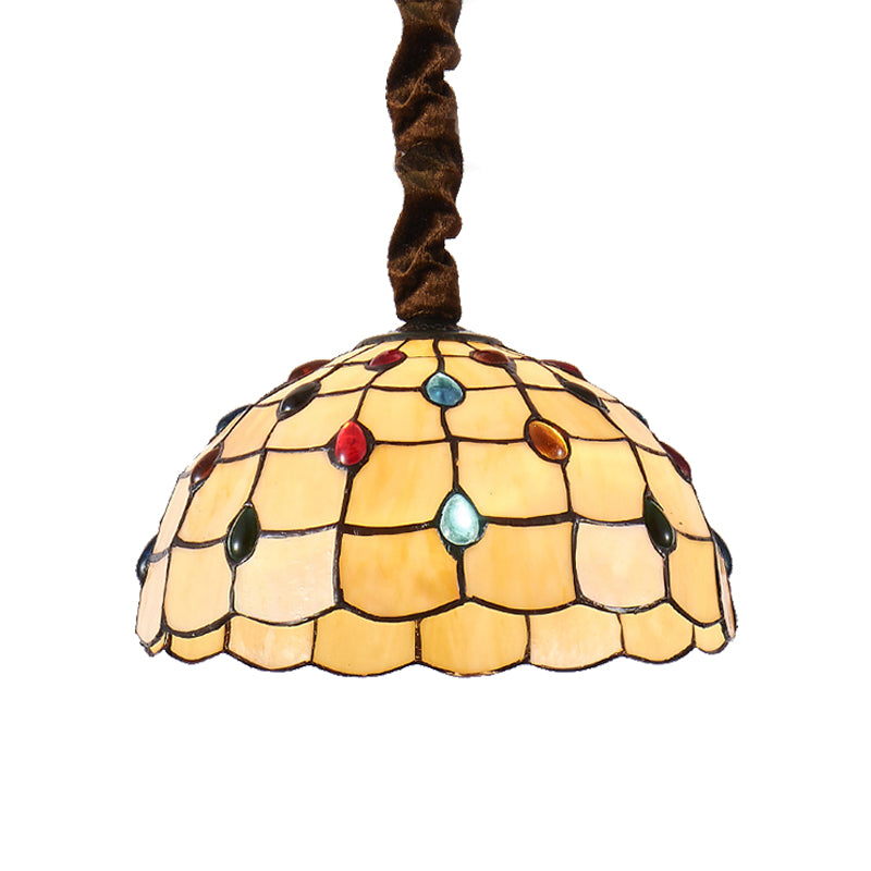 12"/16" Wide Bowl Hanging Lamp Tiffany 1 Bulb Beige Stained Art Glass Hanging Light Kit with Colorful Bead Clearhalo 'Ceiling Lights' 'Industrial' 'Middle Century Pendants' 'Pendant Lights' 'Pendants' 'Tiffany close to ceiling' 'Tiffany Pendants' 'Tiffany' Lighting' 185854