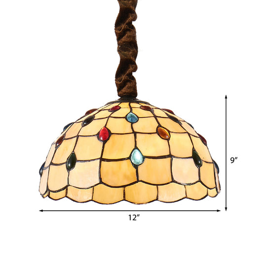 12"/16" Wide Bowl Hanging Lamp Tiffany 1 Bulb Beige Stained Art Glass Hanging Light Kit with Colorful Bead Clearhalo 'Ceiling Lights' 'Industrial' 'Middle Century Pendants' 'Pendant Lights' 'Pendants' 'Tiffany close to ceiling' 'Tiffany Pendants' 'Tiffany' Lighting' 185855