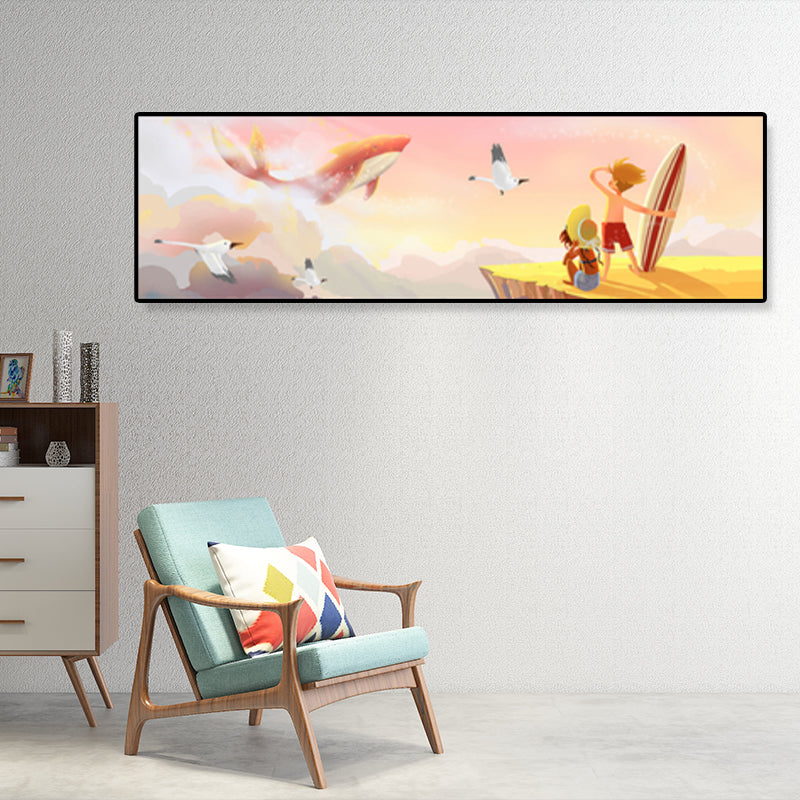 Sea and Marine Animal Canvas Print Children's Art Textured Bedroom Painting in Pastel Color Orange 12" x 39" Clearhalo 'Art Gallery' 'Canvas Art' 'Kids' Arts' 1858570