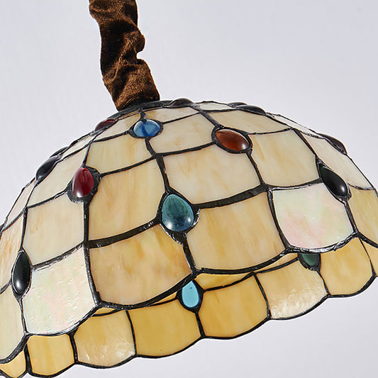 12"/16" Wide Bowl Hanging Lamp Tiffany 1 Bulb Beige Stained Art Glass Hanging Light Kit with Colorful Bead Clearhalo 'Ceiling Lights' 'Industrial' 'Middle Century Pendants' 'Pendant Lights' 'Pendants' 'Tiffany close to ceiling' 'Tiffany Pendants' 'Tiffany' Lighting' 185857