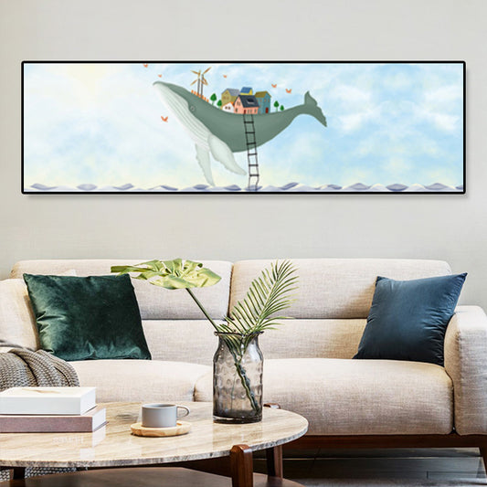 Sea and Marine Animal Canvas Print Children's Art Textured Bedroom Painting in Pastel Color Sky Blue 12" x 39" Clearhalo 'Art Gallery' 'Canvas Art' 'Kids' Arts' 1858583