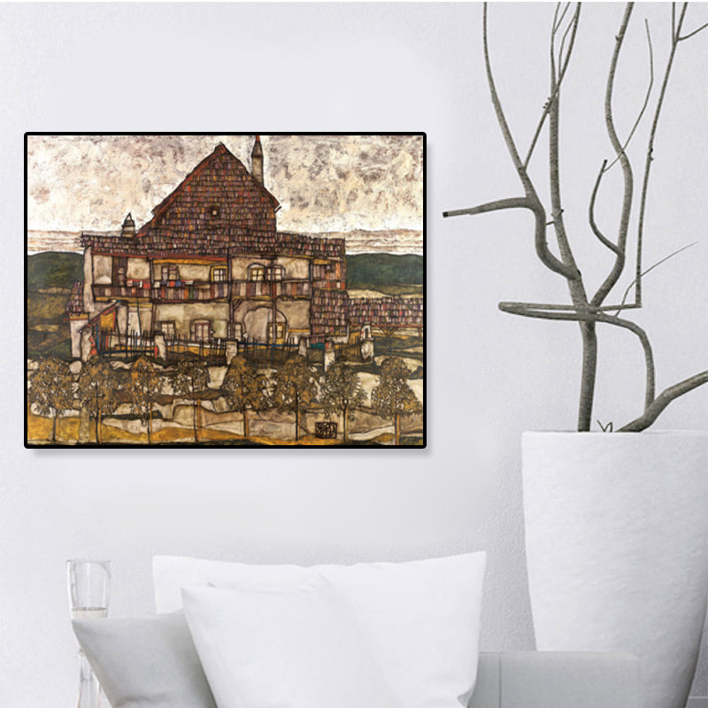 Residential Building View Canvas Art Nouveau Textured Wall Decor in Pastel Color for Home Dark Brown Clearhalo 'Arts' 'Canvas Art' 1858595