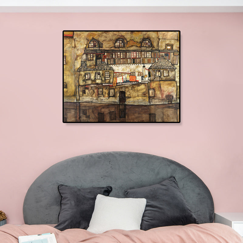 Residential Building View Canvas Art Nouveau Textured Wall Decor in Pastel Color for Home Brown Clearhalo 'Arts' 'Canvas Art' 1858598