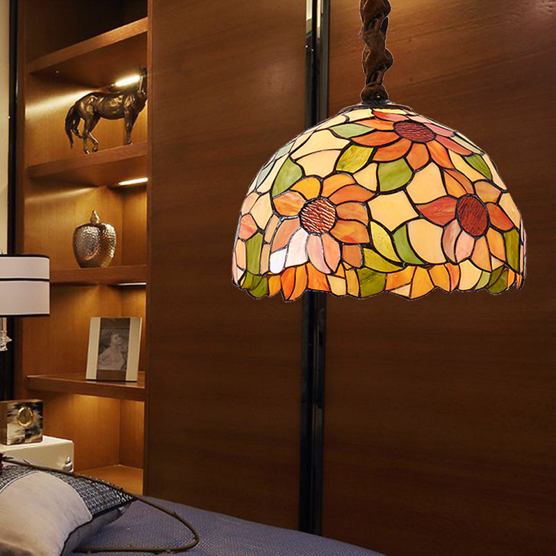 Sunflower Pendant Lamp Victorian Orange Stained Glass 1 Head Down Lighting, 12"/16" Wide Clearhalo 'Ceiling Lights' 'Industrial' 'Middle Century Pendants' 'Pendant Lights' 'Pendants' 'Tiffany close to ceiling' 'Tiffany Pendants' 'Tiffany' Lighting' 185868