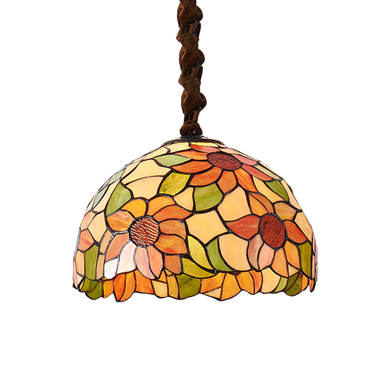 Sunflower Pendant Lamp Victorian Orange Stained Glass 1 Head Down Lighting, 12"/16" Wide Clearhalo 'Ceiling Lights' 'Industrial' 'Middle Century Pendants' 'Pendant Lights' 'Pendants' 'Tiffany close to ceiling' 'Tiffany Pendants' 'Tiffany' Lighting' 185869