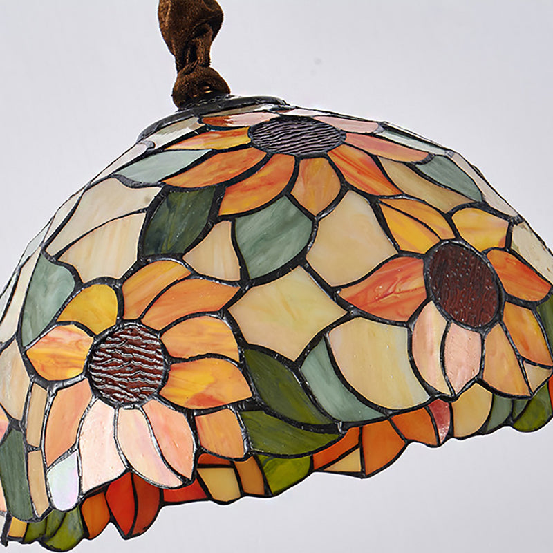 Sunflower Pendant Lamp Victorian Orange Stained Glass 1 Head Down Lighting, 12"/16" Wide Clearhalo 'Ceiling Lights' 'Industrial' 'Middle Century Pendants' 'Pendant Lights' 'Pendants' 'Tiffany close to ceiling' 'Tiffany Pendants' 'Tiffany' Lighting' 185872