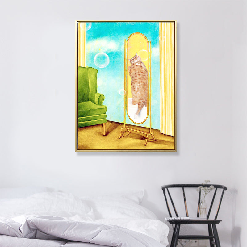 Cat in the Mirror Canvas House Interior Animal Wall Art Decor in Yellow, Textured - Yellow - Clearhalo - 'Arts' - 'Canvas Art' - 1858832