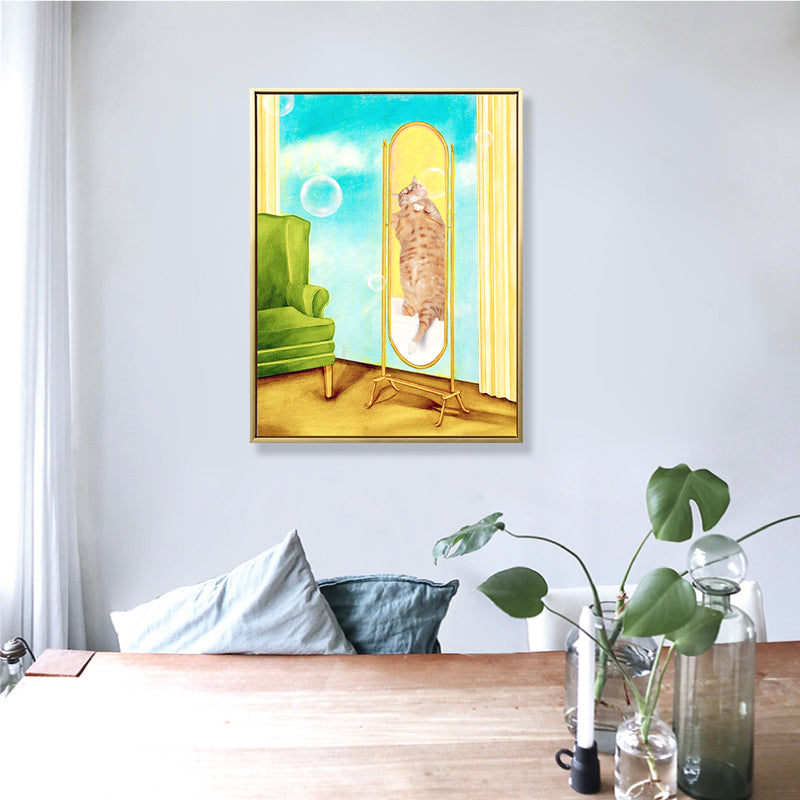 Cat in the Mirror Canvas House Interior Animal Wall Art Decor in Yellow, Textured - Clearhalo - 'Arts' - 'Canvas Art' - 1858834