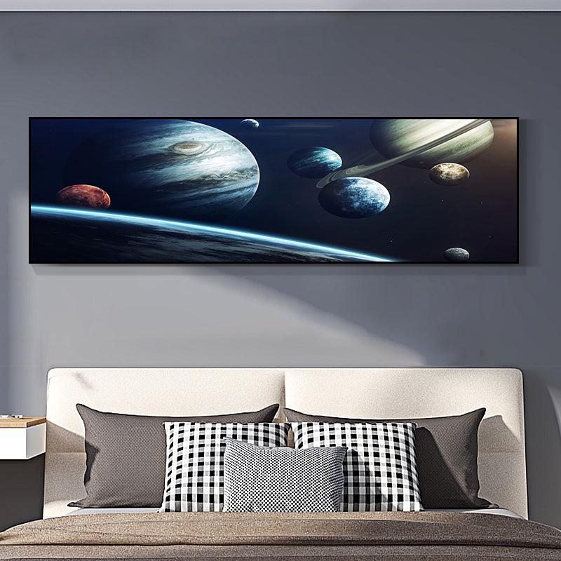 Grand Planet Canvas Print Textured Children's Art House Interior Wall Decor in Light Color Lake Blue 12" x 39" Clearhalo 'Art Gallery' 'Canvas Art' 'Kids' Arts' 1858893