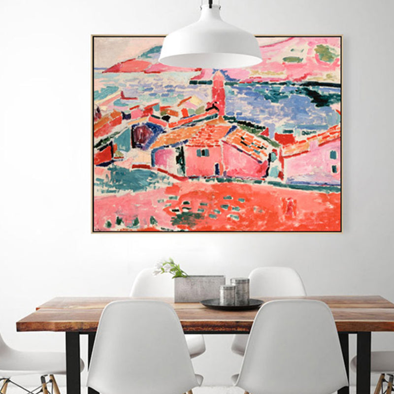 Abstract Expressionism Rural House Canvas Print Living Room Wall Art Decor in Pink - Clearhalo - 'Arts' - 'Canvas Art' - 1858914