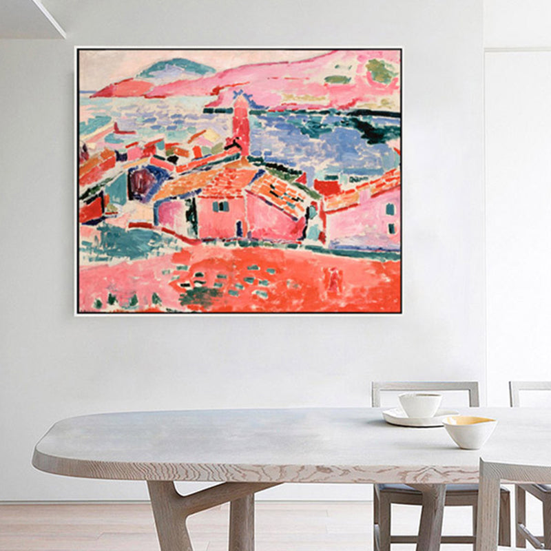 Abstract Expressionism Rural House Canvas Print Living Room Wall Art Decor in Pink - Clearhalo - 'Arts' - 'Canvas Art' - 1858915