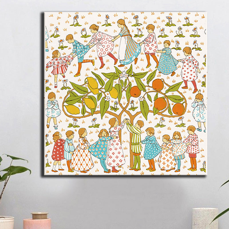 Tree and Kids Canvas Print Textured Children's Art Kids Bedroom Wall Decor in Orange Clearhalo 'Art Gallery' 'Canvas Art' 'Kids' Arts' 1859005