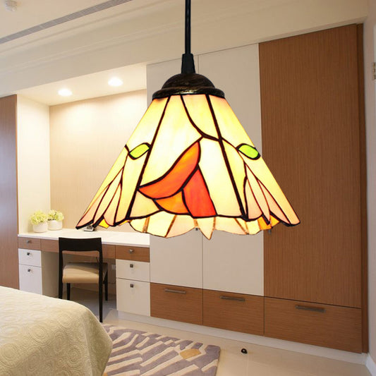 1 Head Bedroom Pendant Lighting Tiffany Ceiling Hang Fixture with Tapered Beige Stained Glass Shade Clearhalo 'Ceiling Lights' 'Industrial' 'Middle Century Pendants' 'Pendant Lights' 'Pendants' 'Tiffany close to ceiling' 'Tiffany Pendants' 'Tiffany' Lighting' 185905