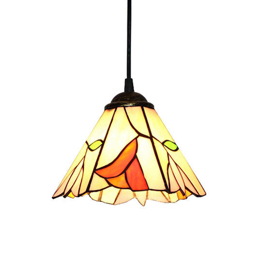 1 Head Bedroom Pendant Lighting Tiffany Ceiling Hang Fixture with Tapered Beige Stained Glass Shade Clearhalo 'Ceiling Lights' 'Industrial' 'Middle Century Pendants' 'Pendant Lights' 'Pendants' 'Tiffany close to ceiling' 'Tiffany Pendants' 'Tiffany' Lighting' 185906