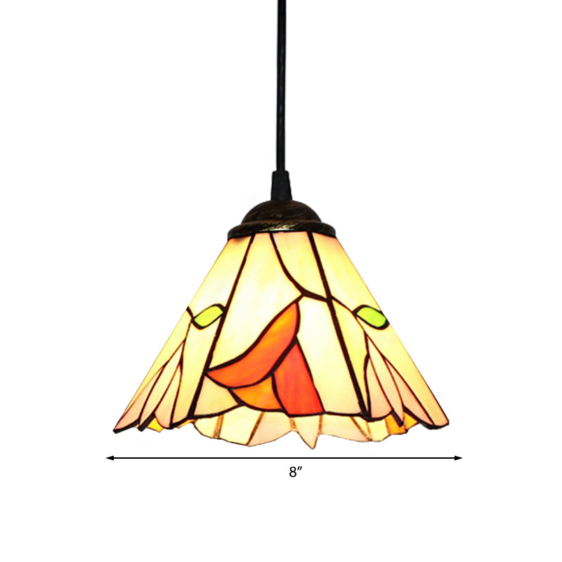 1 Head Bedroom Pendant Lighting Tiffany Ceiling Hang Fixture with Tapered Beige Stained Glass Shade Clearhalo 'Ceiling Lights' 'Industrial' 'Middle Century Pendants' 'Pendant Lights' 'Pendants' 'Tiffany close to ceiling' 'Tiffany Pendants' 'Tiffany' Lighting' 185907