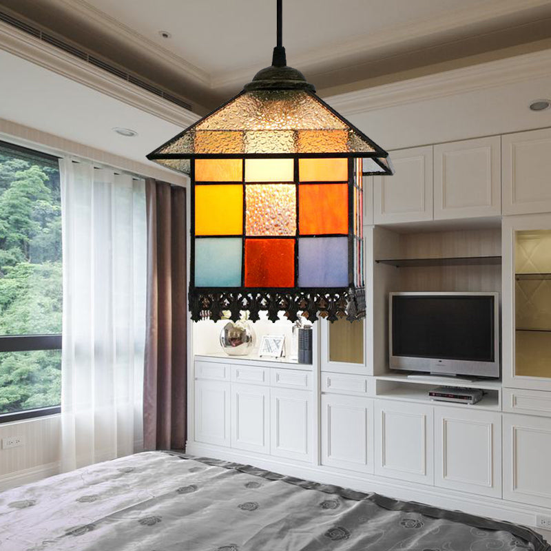 Tiffany Stylish House Hanging Pendant Light 1 Light Stained Art Glass Suspension Lighting in Clear Clear Clearhalo 'Ceiling Lights' 'Chandeliers' 'Industrial' 'Middle Century Pendants' 'Pendant Lights' 'Pendants' 'Tiffany close to ceiling' 'Tiffany Pendants' 'Tiffany' Lighting' 185908