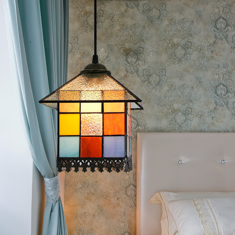 Tiffany Stylish House Hanging Pendant Light 1 Light Stained Art Glass Suspension Lighting in Clear Clearhalo 'Ceiling Lights' 'Chandeliers' 'Industrial' 'Middle Century Pendants' 'Pendant Lights' 'Pendants' 'Tiffany close to ceiling' 'Tiffany Pendants' 'Tiffany' Lighting' 185909