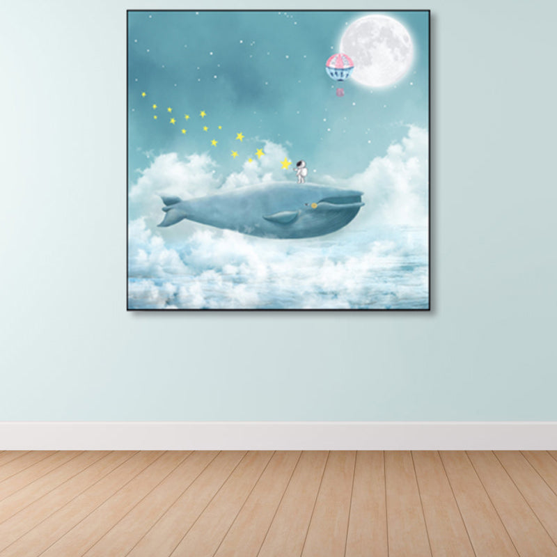 Full Moon and Whale Canvas Print Children's Art Textured Home Gallery Wall Decor Blue Clearhalo 'Art Gallery' 'Canvas Art' 'Kids' Arts' 1859414