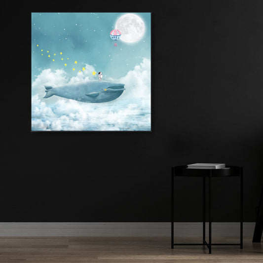 Full Moon and Whale Canvas Print Children's Art Textured Home Gallery Wall Decor Clearhalo 'Art Gallery' 'Canvas Art' 'Kids' Arts' 1859415