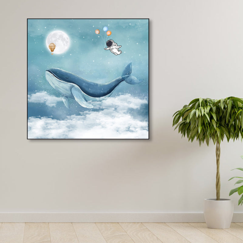 Full Moon and Whale Canvas Print Children's Art Textured Home Gallery Wall Decor Sky Blue Clearhalo 'Art Gallery' 'Canvas Art' 'Kids' Arts' 1859418