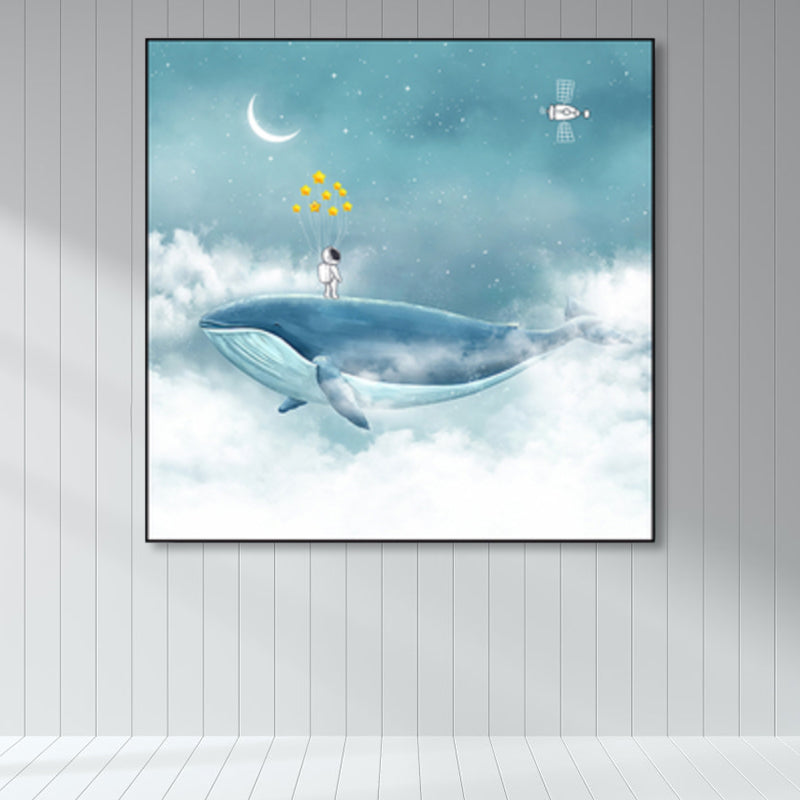 Full Moon and Whale Canvas Print Children's Art Textured Home Gallery Wall Decor Lake Blue Clearhalo 'Art Gallery' 'Canvas Art' 'Kids' Arts' 1859422