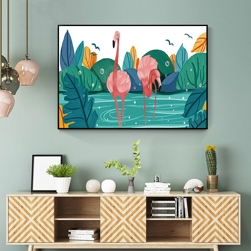 Flamingo Print Painting Tropical Stylish Textured Canvas Wall Art for Dining Room Green Clearhalo 'Art Gallery' 'Canvas Art' 'Coastal Art Gallery' 'Tropical' Arts' 1859437