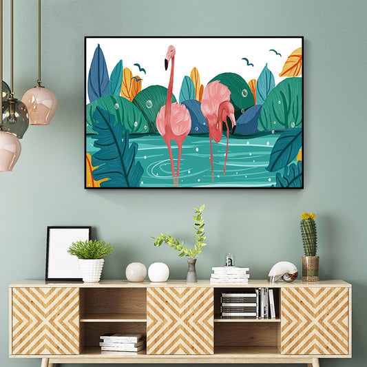 Flamingo Print Painting Tropical Stylish Textured Canvas Wall Art for Dining Room Green Clearhalo 'Art Gallery' 'Canvas Art' 'Coastal Art Gallery' 'Tropical' Arts' 1859437