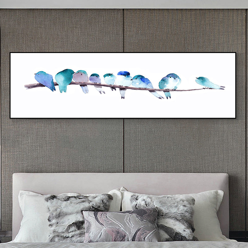 Singing Birds Painting Kids Style Canvas Wall Art Decor in Light Color for Bathroom Blue 12" x 39" Clearhalo 'Art Gallery' 'Canvas Art' 'Kids' Arts' 1859572