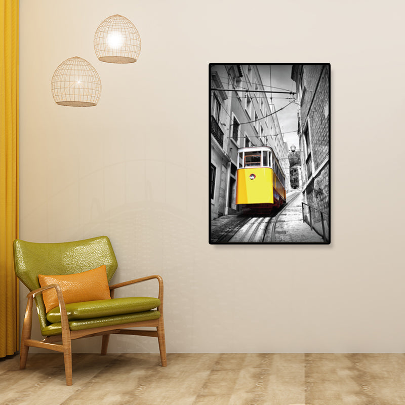 Nostalgic Photograph Urban Railway Canvas Boys Bedroom Transportation Wall Art Print Yellow Clearhalo 'Arts' 'Canvas Art' 1859863