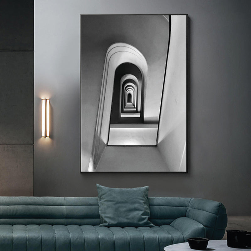 Photograph Architecture Arched Hall Canvas Vintage Textured Wall Art Print in Grey Grey Clearhalo 'Arts' 'Canvas Art' 1859989